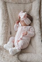 Load image into Gallery viewer, Ribbed Frill Bamboo Zip Growsuit &amp; Topknot Bundle - Peony Pink