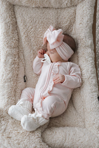 Ribbed Frill Bamboo Zip Growsuit & Topknot Bundle - Peony Pink