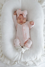 Load image into Gallery viewer, Ribbed Frill Bamboo Zip Growsuit &amp; Topknot Bundle - Peony Pink