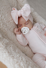 Load image into Gallery viewer, Ribbed Frill Bamboo Zip Growsuit &amp; Topknot Bundle - Peony Pink