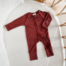 Load image into Gallery viewer, Festive Ribbed Frill Bamboo Zip Growsuit - Red