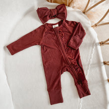 Load image into Gallery viewer, Festive Ribbed Frill Bamboo Zip Growsuit &amp; Topknot Bundle - Red