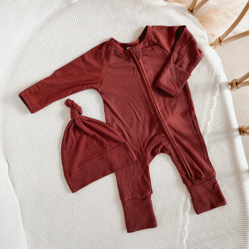 Festive Ribbed Bamboo Zip Growsuit & Beanie Bundle - Red