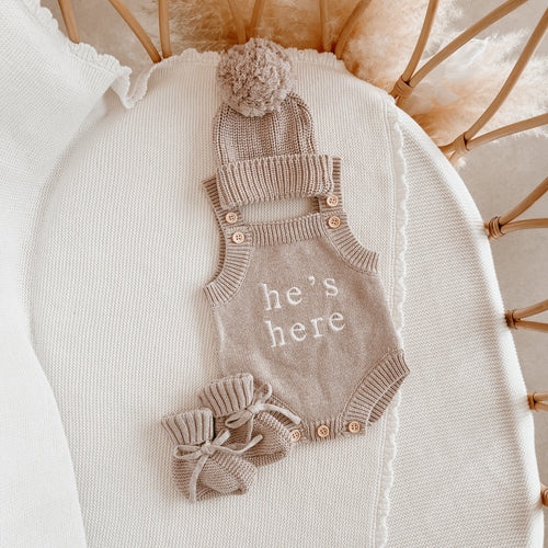 He's Here' Singlet Romper Bundle - Fawn NB PRE ORDER EST DISPATCH LATE DEC