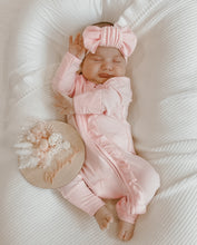 Load image into Gallery viewer, Ribbed Frill Bamboo Zip Growsuit &amp; Topknot Bundle - Peony Pink