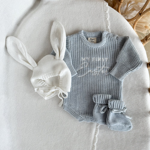 'My First Easter' Long Sleeve Knit Romper Bundle - Powder Blue