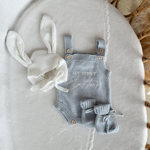 'My First Easter' Singlet Knit Romper Bundle - Powder Blue