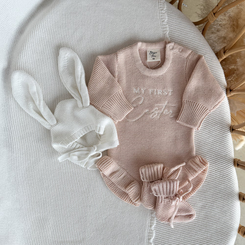 'My First Easter' Long Sleeve Frill Knit Romper Bundle - Pink Lemonade