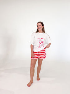 Ladies Knit Stripe Shorts - Pink & Red