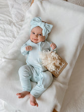 Load image into Gallery viewer, Ribbed Bamboo Zip Growsuit &amp; Topknot Bundle - Sky Blue