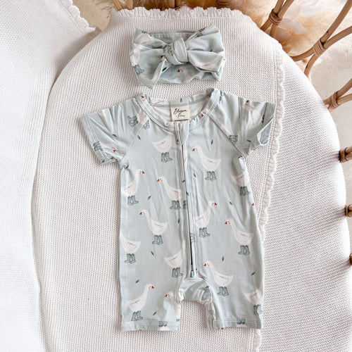 Short Sleeve Bamboo Growsuit & Topknot Bundle - Puddle Duck