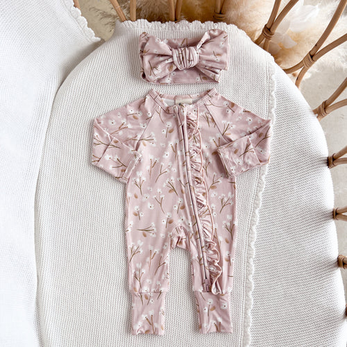 Long Sleeve Bamboo Growsuit & Topknot Bundle - Blushing Blooms