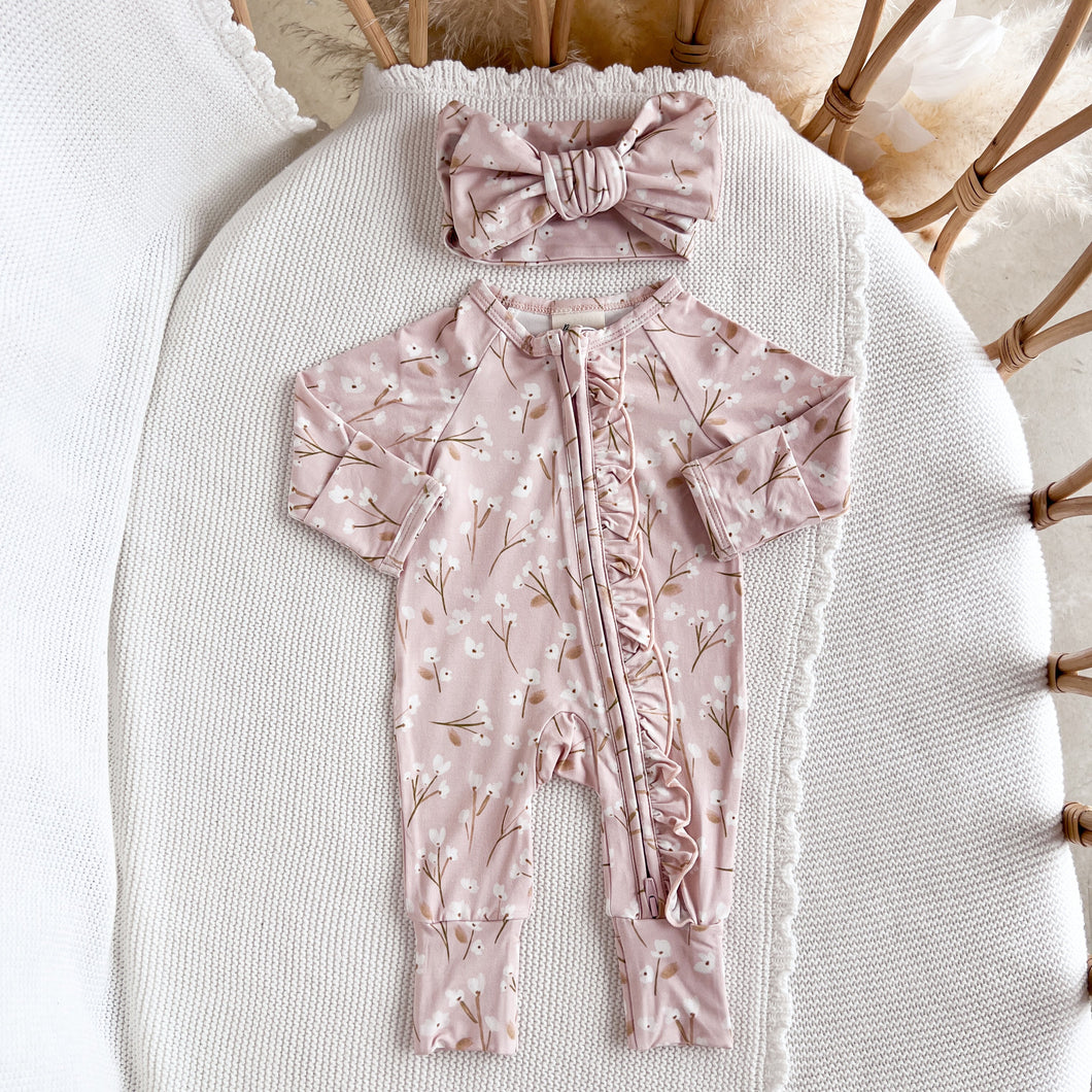 Long Sleeve Bamboo Growsuit & Topknot Bundle - Blushing Blooms