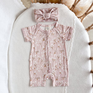 Short Sleeve Bamboo Growsuit & Topknot Bundle - Blushing Blooms