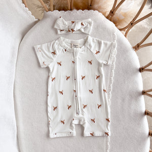 Short Sleeve Bamboo Growsuit & Topknot Bundle - Honey Bee