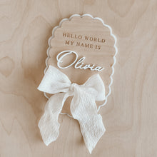 Load image into Gallery viewer, &#39;Hello World My Name Is&#39; Oval Scallop Plaque - Bow