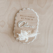 Load image into Gallery viewer, &#39;Hello World My Name Is&#39; Oval Scallop Plaque - Dried Floral