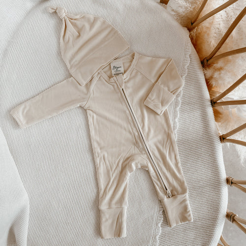 Announcement Bundle - Ribbed Bamboo Zip Growsuit & Beanie - Vanilla