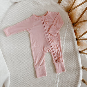 Ribbed Frill Bamboo Zip Growsuit - Peony Pink