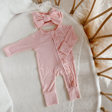 Load image into Gallery viewer, Ribbed Frill Bamboo Zip Growsuit &amp; Topknot Bundle - Peony Pink