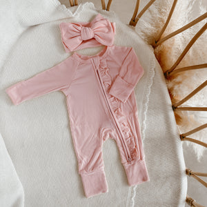 Ribbed Frill Bamboo Zip Growsuit & Topknot Bundle - Peony Pink