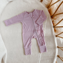 Load image into Gallery viewer, Ribbed Frill Bamboo Zip Growsuit - Violet Purple