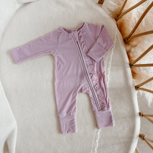 Ribbed Frill Bamboo Zip Growsuit - Violet Purple