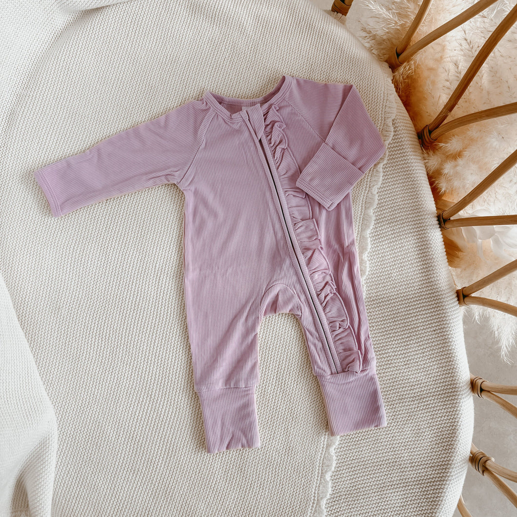 Ribbed Frill Bamboo Zip Growsuit - Violet Purple