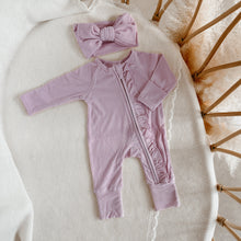 Load image into Gallery viewer, Ribbed Frill Bamboo Zip Growsuit &amp; Topknot Bundle - Violet Purple