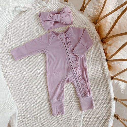 Announcement Bundle - Ribbed Frill Bamboo Zip Growsuit & Topknot Bundle - Violet Purple