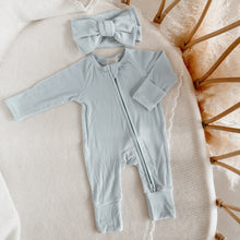 Load image into Gallery viewer, Ribbed Bamboo Zip Growsuit &amp; Topknot Bundle - Sky Blue