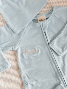 Ribbed Bamboo Zip Growsuit & Beanie Bundle - Sky Blue