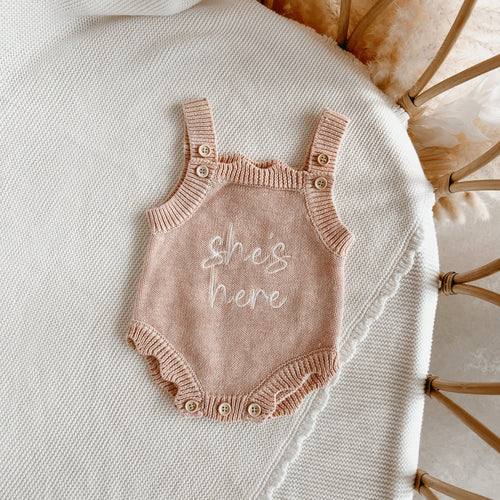 'She's Here' Singlet Mini Knit Romper - Pink Lemonade