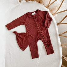 Load image into Gallery viewer, Festive Ribbed Frill Bamboo Zip Growsuit &amp; Beanie Bundle - Red