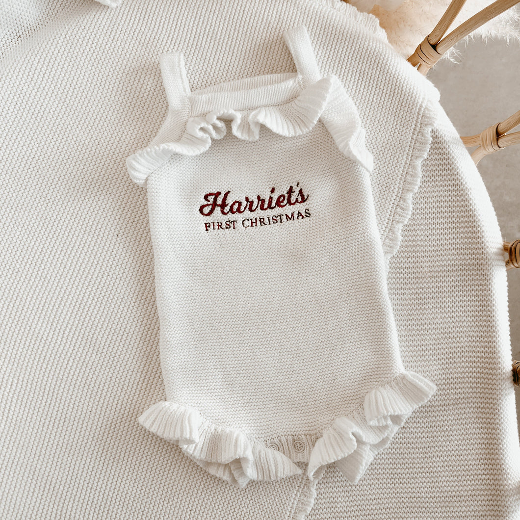 Personalised First Christmas Frill Knit Romper - Milk (PRE ORDER size 3-6M & 6-12M Est dispatch Late Oct)