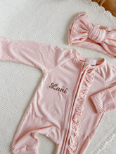 Load image into Gallery viewer, Ribbed Frill Bamboo Zip Growsuit - Peony Pink