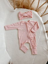 Load image into Gallery viewer, Ribbed Frill Bamboo Zip Growsuit &amp; Topknot Bundle - Peony Pink