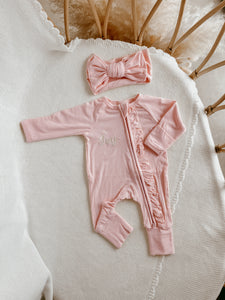 Ribbed Frill Bamboo Zip Growsuit & Topknot Bundle - Peony Pink