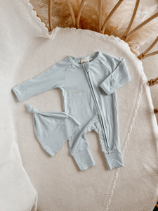 Ribbed Bamboo Zip Growsuit & Beanie Bundle - Sky Blue