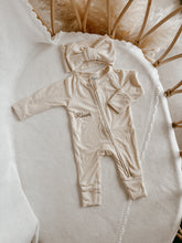 Load image into Gallery viewer, Ribbed Bamboo Zip Growsuit &amp; Topknot Bundle - Vanilla