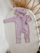 Load image into Gallery viewer, Ribbed Frill Bamboo Zip Growsuit &amp; Topknot Bundle - Violet Purple