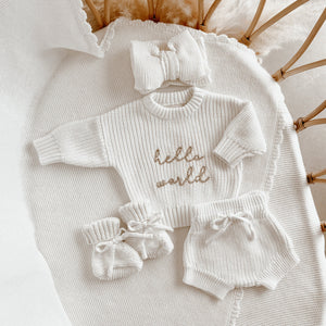 'Hello World' Sweater/Shorties/Topknot Bundle - Milk