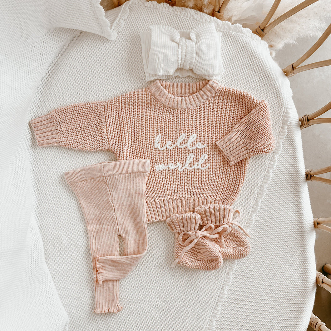 'Hello World' Chain Knit Embroidered Sweater/Frill Legging/Topknot Bundle - Pink Lemonade