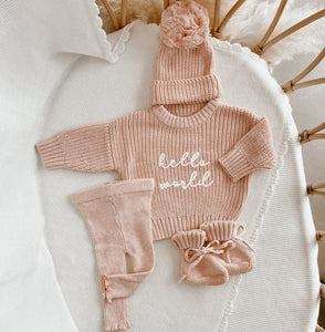 Hello World' Chain Knit Embroidered Sweater/Frill Legging/Beanie Bundle