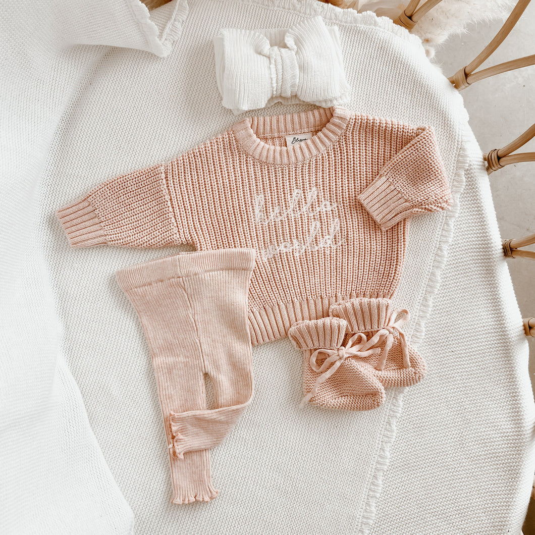 'Hello World' Classic Embroidered Sweater/Frill Legging/Topknot Bundle - Pink Lemonade PRE ORDER EST DISPATCH LATE JAN