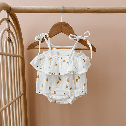 Lemon Bee Shoulder Tie Romper