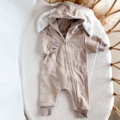 'Little Bunny' Hoodie Zip Romper - Beige