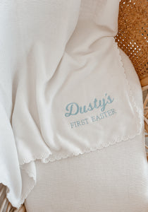 Personalised 'First Easter' Scallop Knit Blanket - Powder Blue