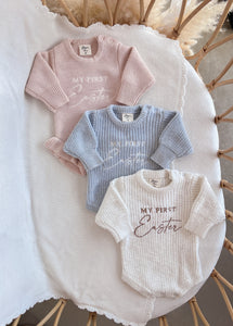 'My First Easter' Long Sleeve Knit Romper Bundle - Powder Blue