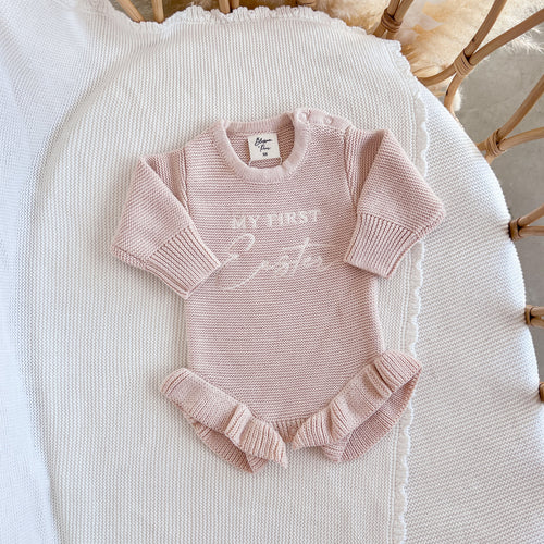 'My First Easter' Long Sleeve Frill Knit Romper - Pink Lemonade